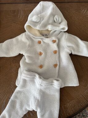 Nicole Miller Knit Baby Hooded Jacket & Pants - Blue with Bear Buttons